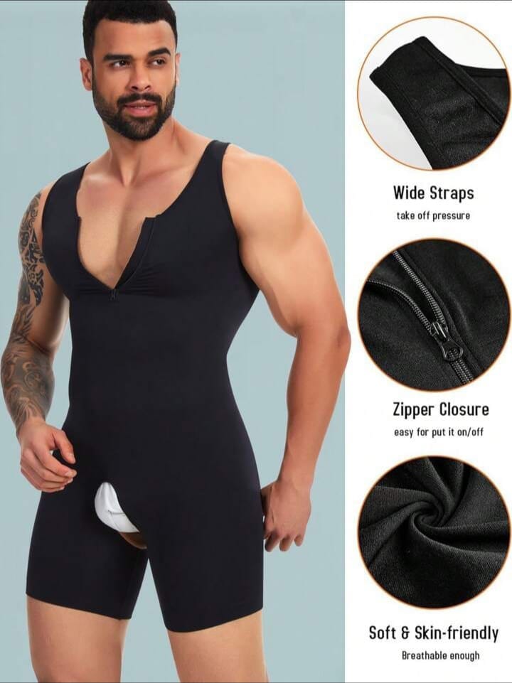 Men's Full Body Compression Shapewear Suit – Slimming Bodysuit with Front Zipper